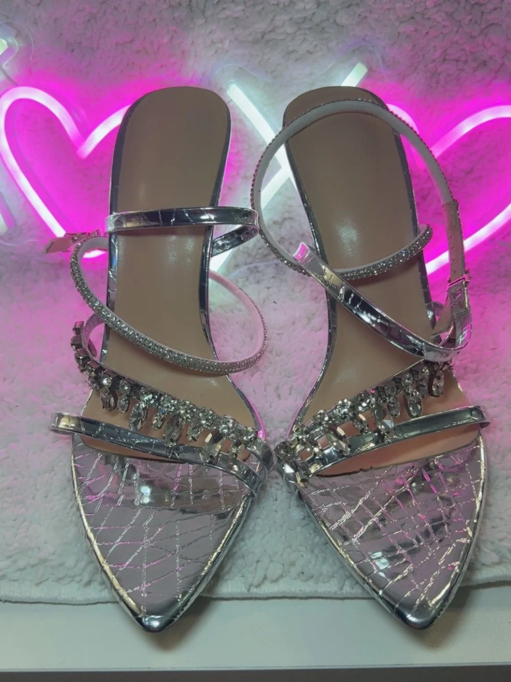 SHEIN Silver Crystal Embellished Strappy Stiletto Heels